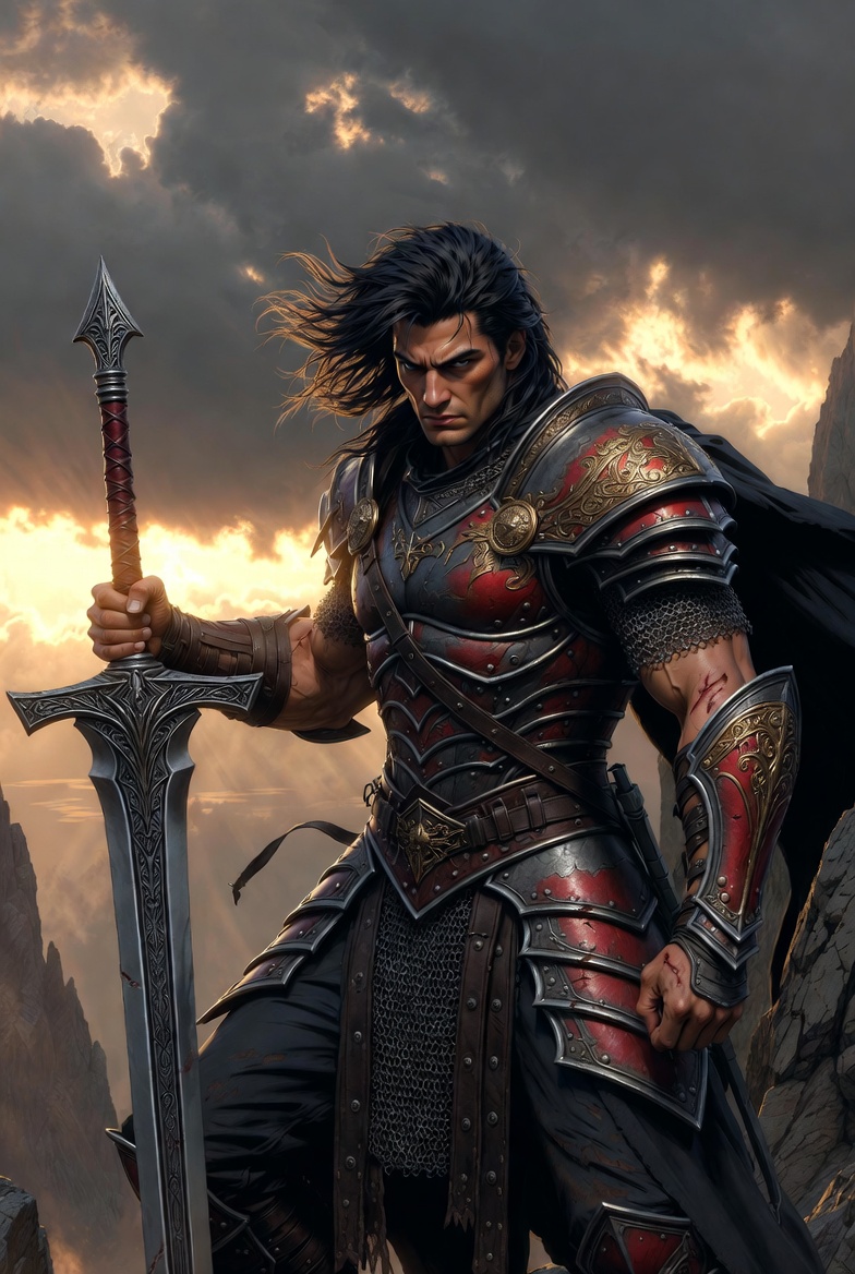 Male fantasy warrior in dark steel and crimson armor